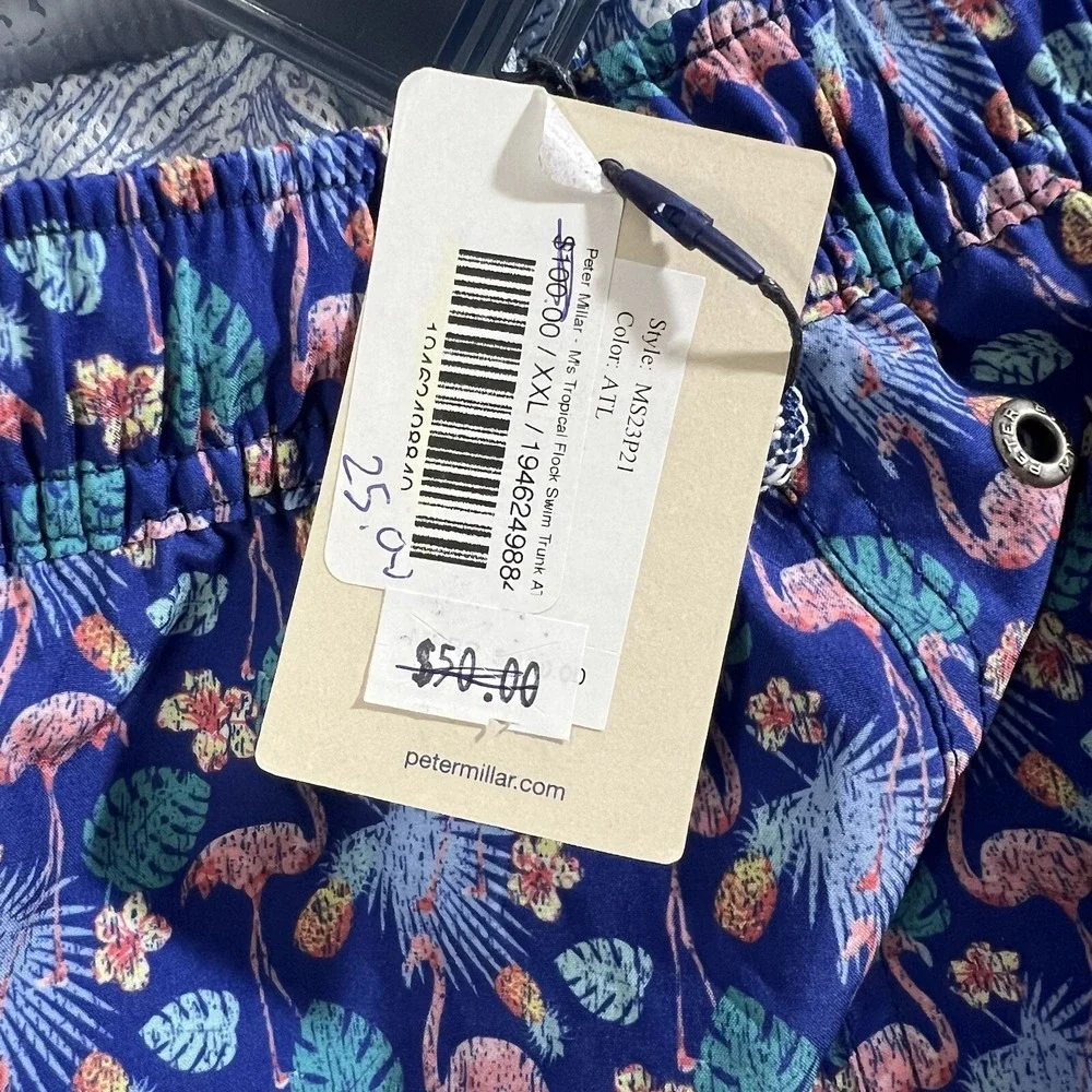 Peter Millar Tropical Flock Swim Trunks Mens‎ 2XL Blue Flamingo Stretch Pouch